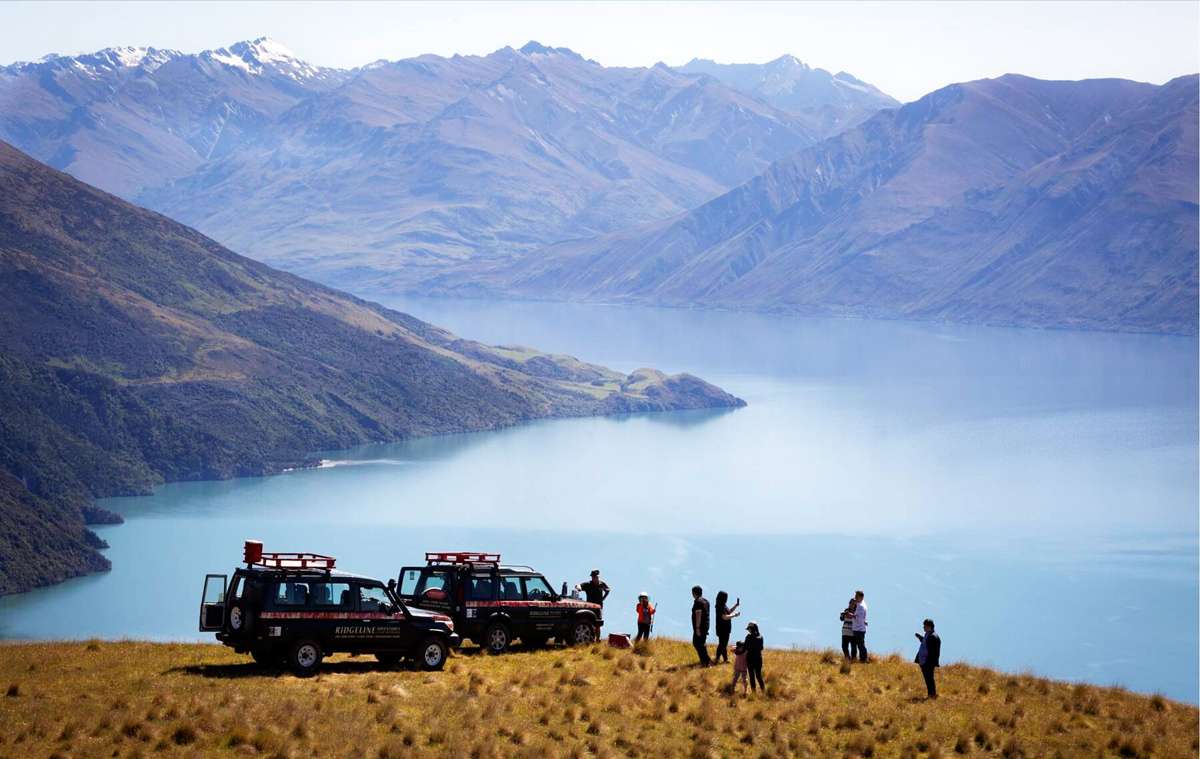 Ridgeline Adventures 4WD safari group above Lake Wanaka on West Wanaka Station